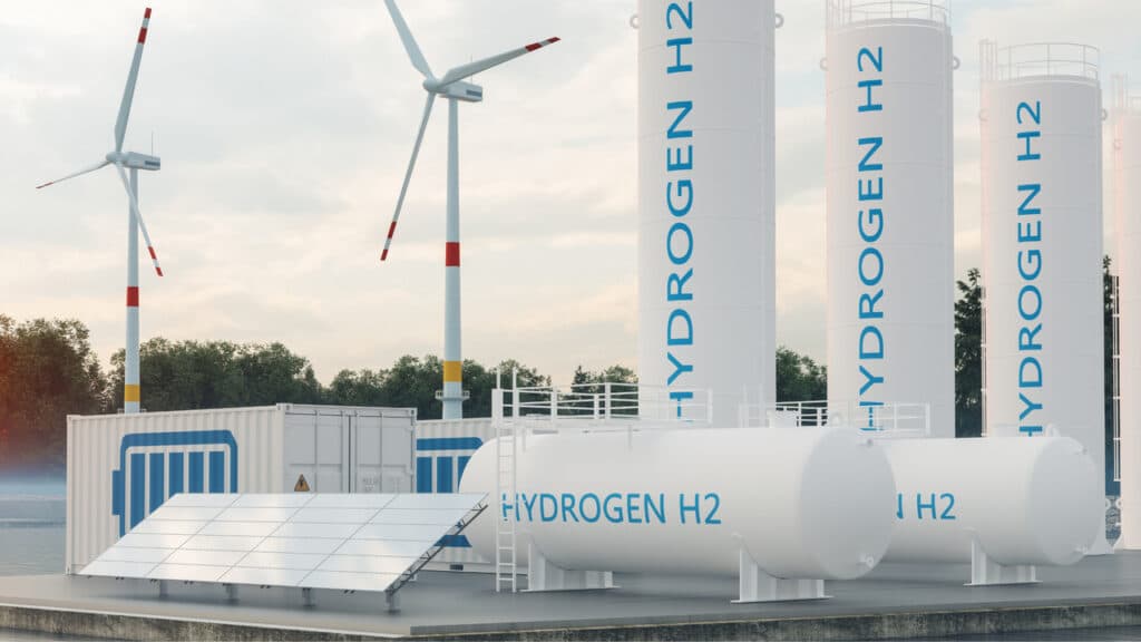 Renewable hydrogen storage tanks at wind farm.