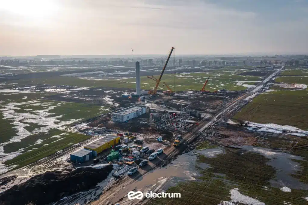 View of the construction site during the erection of wind turbines.