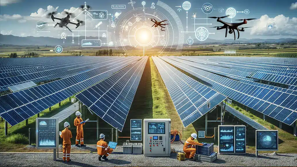 Industrial solar power and modern solar power plant with drones.