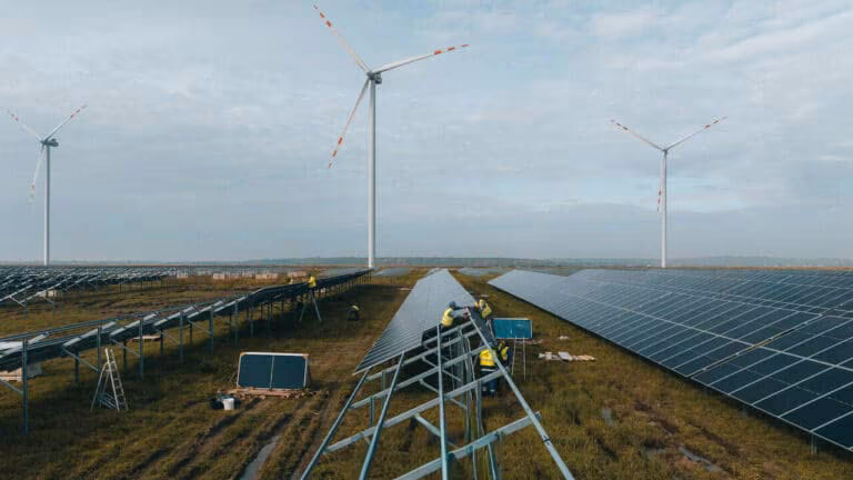 Montaż paneli fotowoltaicznych na farmie solarnej przez Electrum Holding.